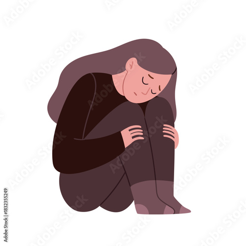 Vector illustration of a sad girl curled up, expressing anxiety or melancholy. Warm muted palette, minimalist Scandinavian style. Perfect for mental health themes, articles, and posters.