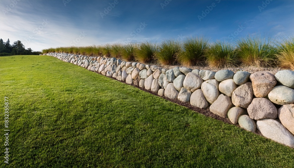 Fototapeta premium Erosion Control Natural Boulder Retaining Walls Grassy Slopes