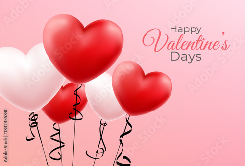 A cluster of red and white heart-shaped balloons with black ribbons floats against a soft pink background, celebrating Valentine's Day.