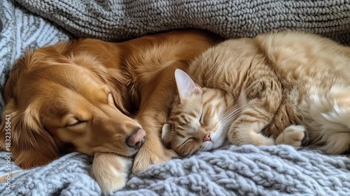 Golden Retriever Dog and Orange Tabby Cat Sleeping Peacefully Together on Cozy Blanket