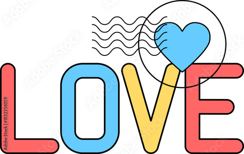 Whimsical Multicolored LOVE Letters Vector Illustration: Red L&E, Blue O, Yellow V with Flying Blue Heart Circle and Wavy Air Mail Trails for Romantic Designs