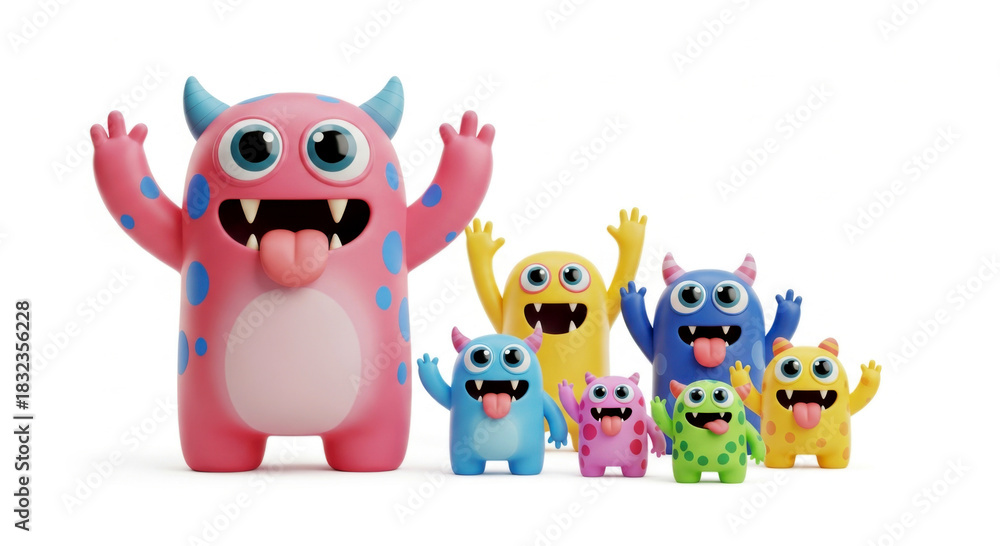 Naklejka premium Cheerful set of colorful 3D kawaii monsters with big round eyes playful tongues and sharp fangs