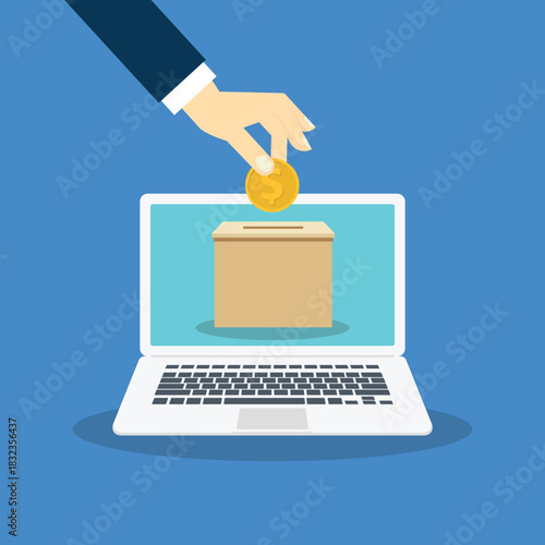 Online donation concept. Hand putting coin in a donation box, vector illustration.  	