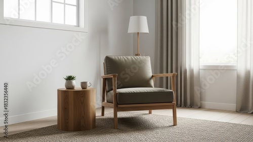 Cozy modern armchair with wooden side table in a bright room