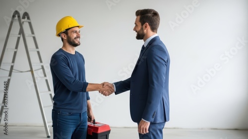 Construction professional and client shaking hands agreeing on renovation services