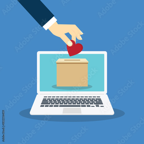 Hand putting red heart in box. Donation concept. Vector illustration.	