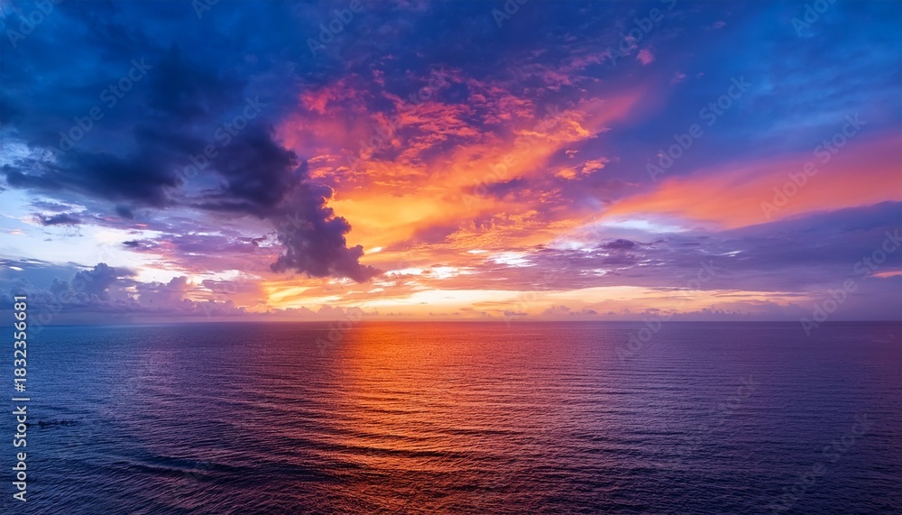 Fototapeta premium Colorful Sunset Over Ocean Colorful Clouds Beautiful Horizon Line