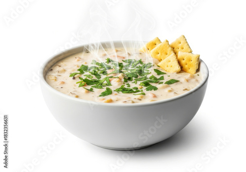 Steaming bowl of creamy New England clam chowder garnished with fresh parsley and oyster crackers