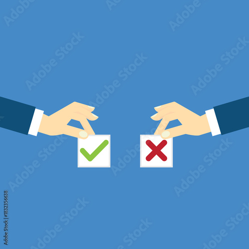 Comparing positive advantages or negative disadvantages. Hands holding yes and no papers as pros and cons, vector illustration. 