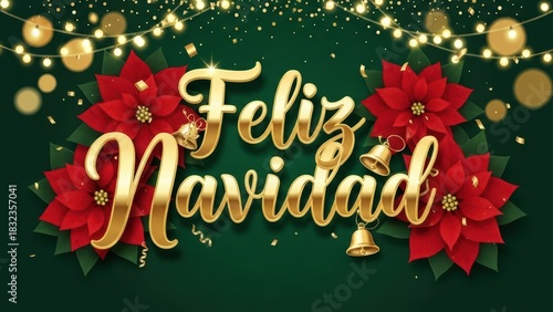 Feliz Navidad Golden Text with Poinsettias Festive Holiday Celebration Card
