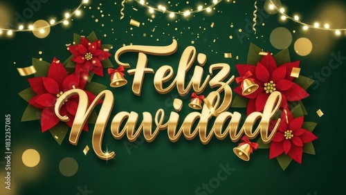 Elegant Feliz Navidad Design Featuring Poinsettias Bells and String Lights
