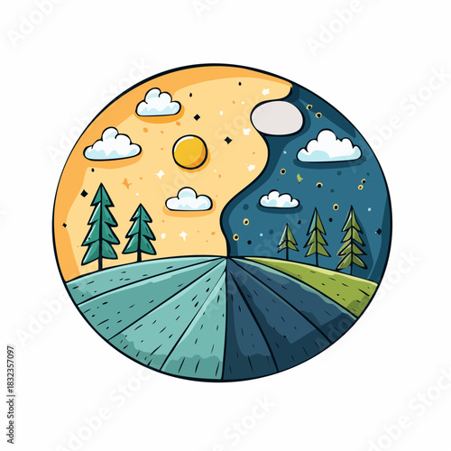 Landscape split showing daytime and nighttime scene in a circle