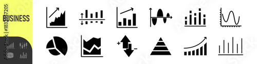 Business data charts. Diagrams and graphs. Business data market elements, statistic and data, infographics business, money, down or up, analytic report. Set of financial marketing black diagrams