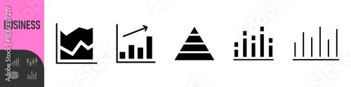Business data charts. Diagrams and graphs. Business data market elements, statistic and data, infographics business, money, down or up, analytic report. Set of financial marketing black diagrams