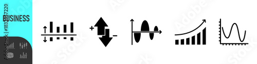 Business data charts. Diagrams and graphs. Business data market elements, statistic and data, infographics business, money, down or up, analytic report. Set of financial marketing black diagrams