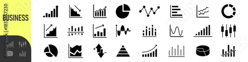 Business data charts. Diagrams and graphs. Business data market elements, statistic and data, infographics business, money, down or up, analytic report. Set of financial marketing black diagrams