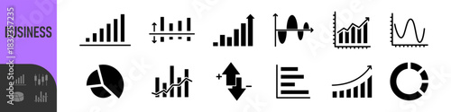 Business data charts. Diagrams and graphs. Business data market elements, statistic and data, infographics business, money, down or up, analytic report. Set of financial marketing black diagrams