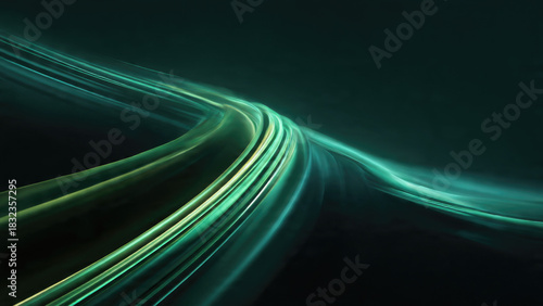 Dynamic abstract art showcasing luminous emerald and teal light trails flowing gracefully against a dark backdrop, creating a sense of elegant, energetic movement.
