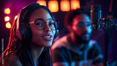 Young Woman With Dreadlocks And Glasses Laughing While Wearing Headphones In A Recording Studio With Soft Bokeh Lights