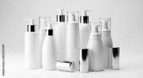 White plastic cosmetic pump bottles isolated on white background