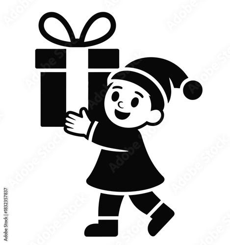 Illustration of a child in an elf hat carrying a large wrapped present box on transparent background