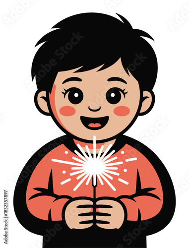 Cartoon child holding a sparkler with a happy expression on their face art on transparent background