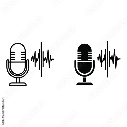 Vintage and modern microphones with sound waves icons