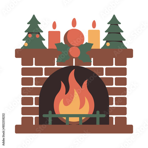 Illustration of a brick fireplace with christmas decorations and a fire burning