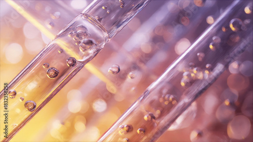 Close-up of effervescent liquid with numerous bubbles inside multiple glass tubes, set against a vibrant, soft-focus background, suggesting scientific or cosmetic research.