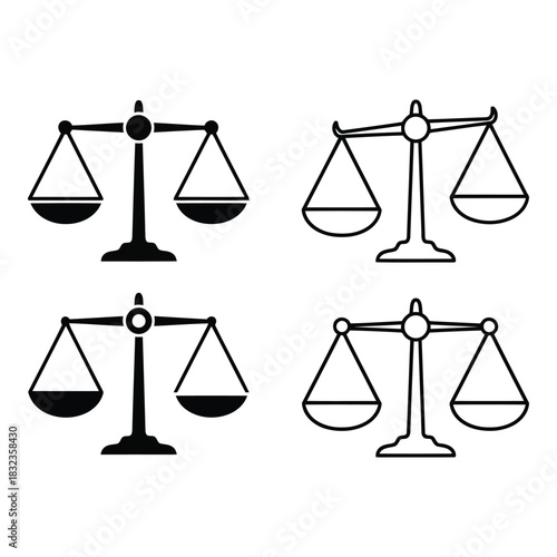 Set of four balance scale icons in black and white outlines and solid fills