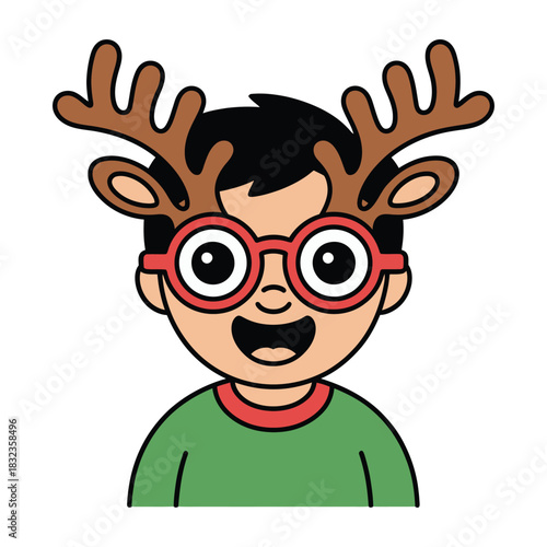 Illustration of a boy with reindeer antlers glasses and a green sweater on