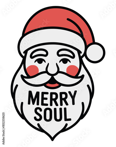 Cartoon santa claus with merry soul message on beard in red and white colors on transparent background