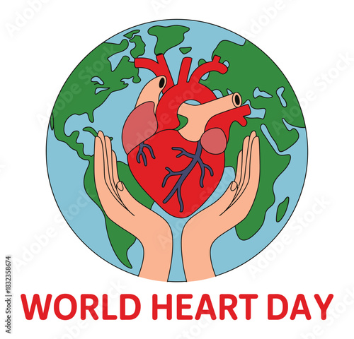 Illustration of a heart held by hands in front of a globe for world heart day