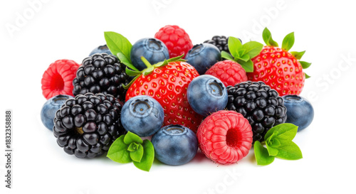 Close-up view of mixed assorted berries including blackberries strawberries blueberries and raspberries with green leaves