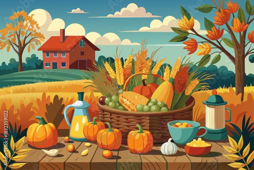 vector of Autumn from the field to the table with pumpkins and corn with its kernels showing themselves and a wicker basket placed in the corner of the table, full of practical things.