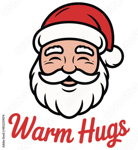 Cartoon santa claus with red hat and white beard offering warm hugs message on transparent background