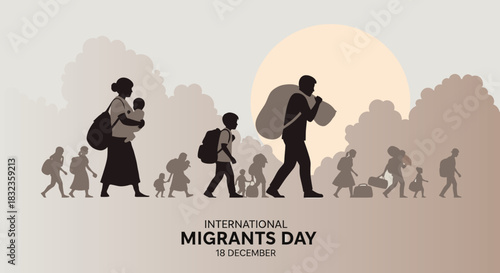Migrant families walking together toward a better future on International Day