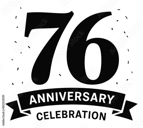 Seventy six anniversary celebration graphic with ribbon and confetti design