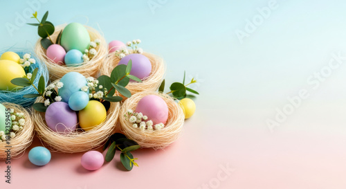 Easter eggs website banner with pastel-colored chocolate and candy eggs nestled in soft nests with copy space