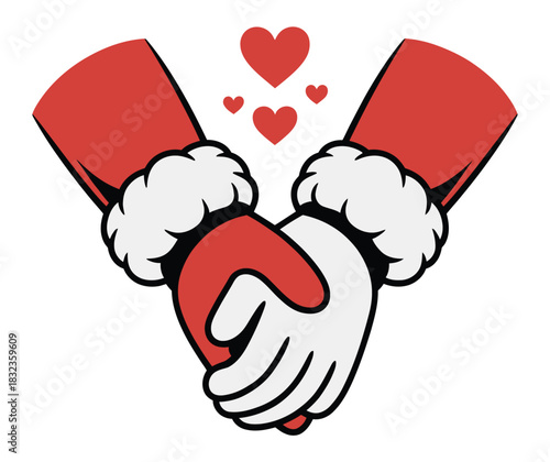 Illustration of two hands in santa claus suits holding each other with hearts
