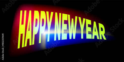 A neon green text saying Happy New Year is displayed against a dark background with red and blue lighting effects vector design