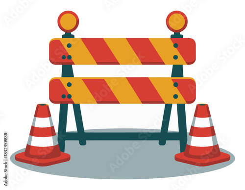 Illustration of a road barrier with two traffic cones on a grey surface on transparent background