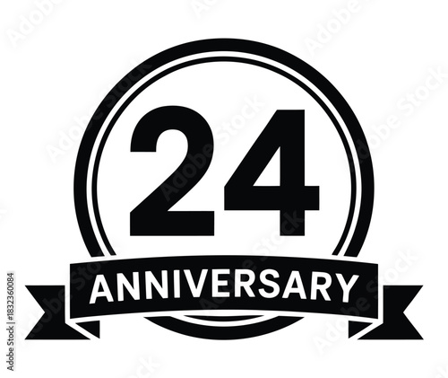 Twenty four anniversary logo in black and white with circular design elements on transparent background