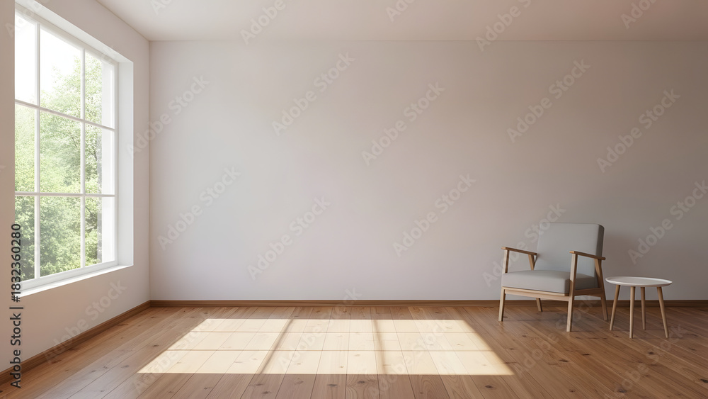 Fototapeta premium Sun-Drenched Serenity: Minimalist Room with Light-Filled Window and Comfortable Armchair inviting interior space