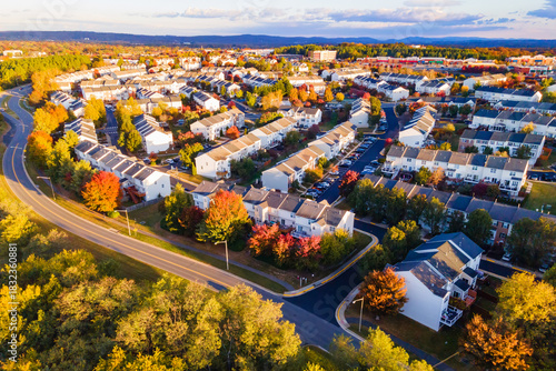 Aerial view of suburban townhomes near Washington, Virginia, at sunset