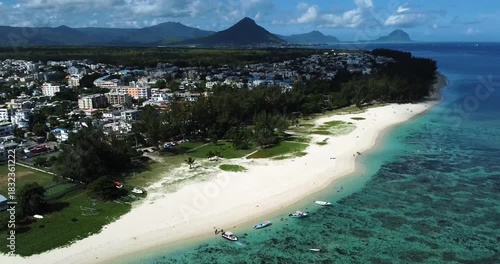 Aerial view of Flic en Flac beach resort  and lagoon in Mauritus Island