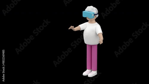 Senior female character using VR goggles. Aged woman with VR goggles experiencing virtual reality, 3d render with alpha channel.