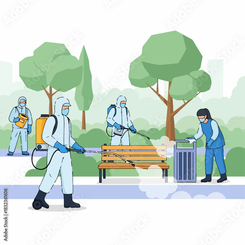 Team in protective hazmat suits disinfecting public park surfaces to prevent virus spread.