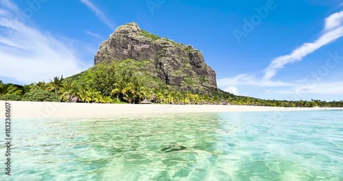 Paradise beach with view on turquoise sea near Le Morne, Mauritus Island
