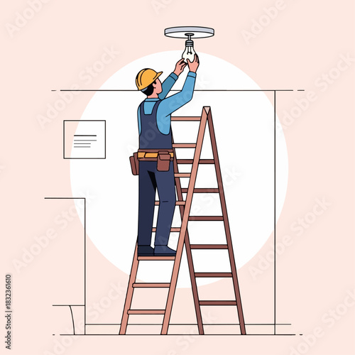 An electrician in a hard hat and overalls stands on a stepladder to install a lightbulb in a ceiling fixture.